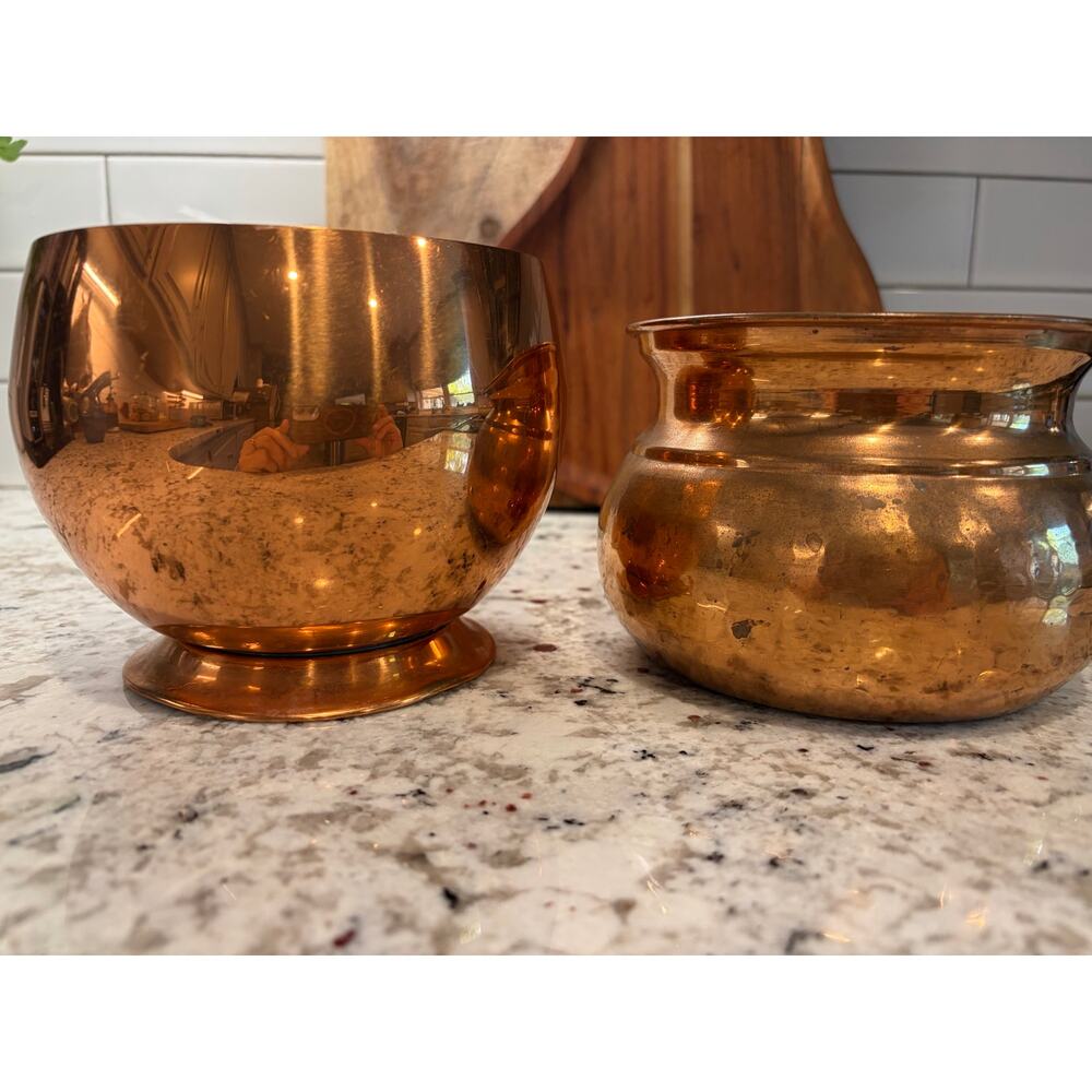 Vintage Hosley Solid Brass Planters Set of 2 - Pedestal & Hammered
